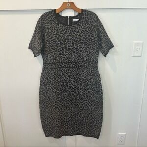 Calvin Klein Womens Sweater Dress Leopard Print Gray Career Wear Short Sleeve XL